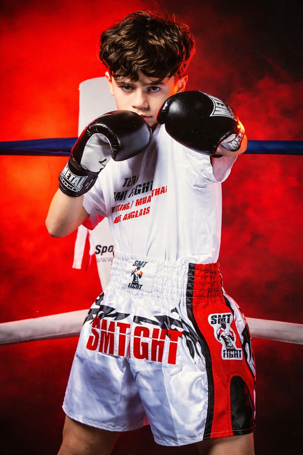 Photo de Maxime dans le ring, exécutant un direct bras gauche et garde du bras droit, poing monté à hauteur du visage.